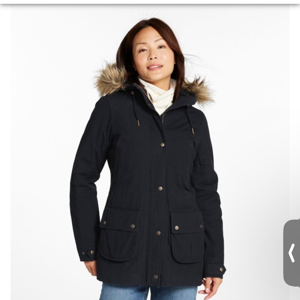 NWT 100% Organic Cotton L.L. Bean Black Coat Parka Removable Faux Fur Trim Hood - Picture 2 of 11